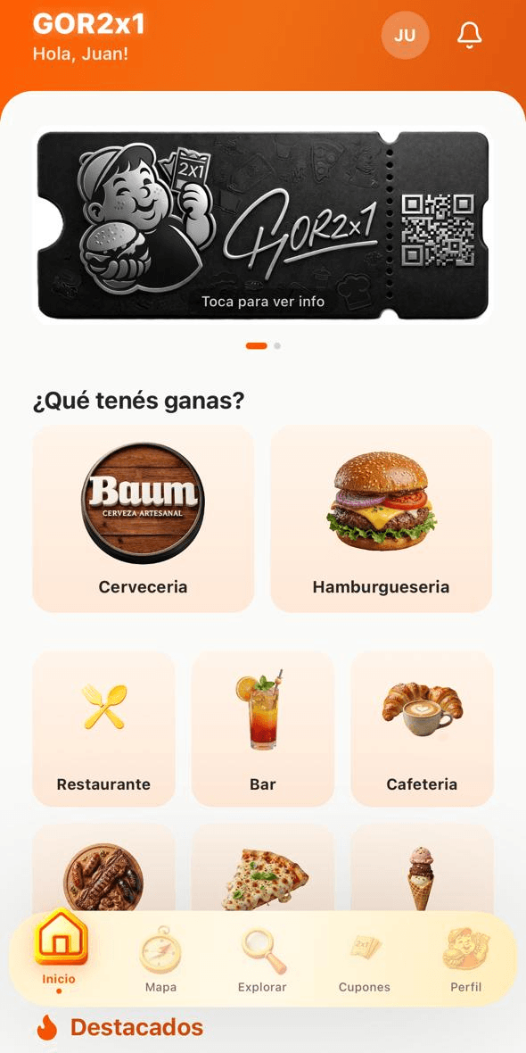 App GOR2x1 - Pantalla principal